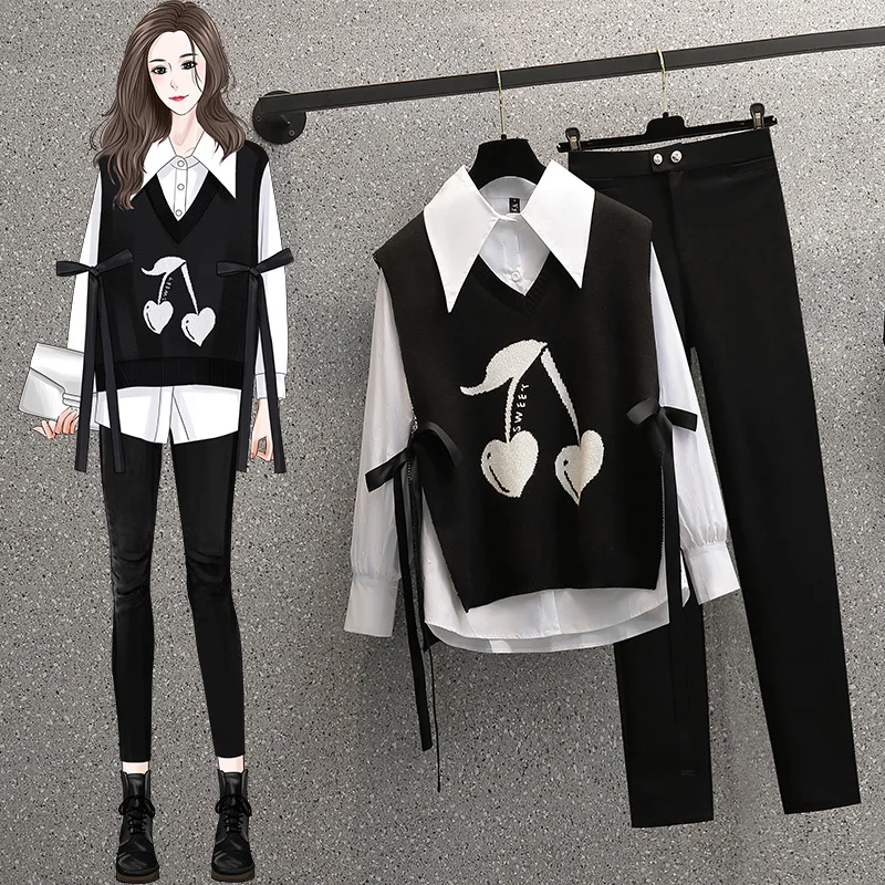 

Autumn Women 3-piece Set Korean Fashion Polo Neck Long Sleeve Top+Printed Ribbon Knitted Vest+High Waist Black Tights