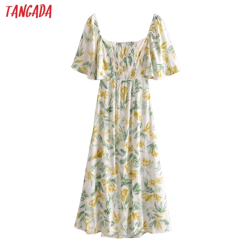 

2021 Summer Women Flowers Print Waist Hollow Beach Dress Puff Short Sleeve Ladies Sundress 3h458