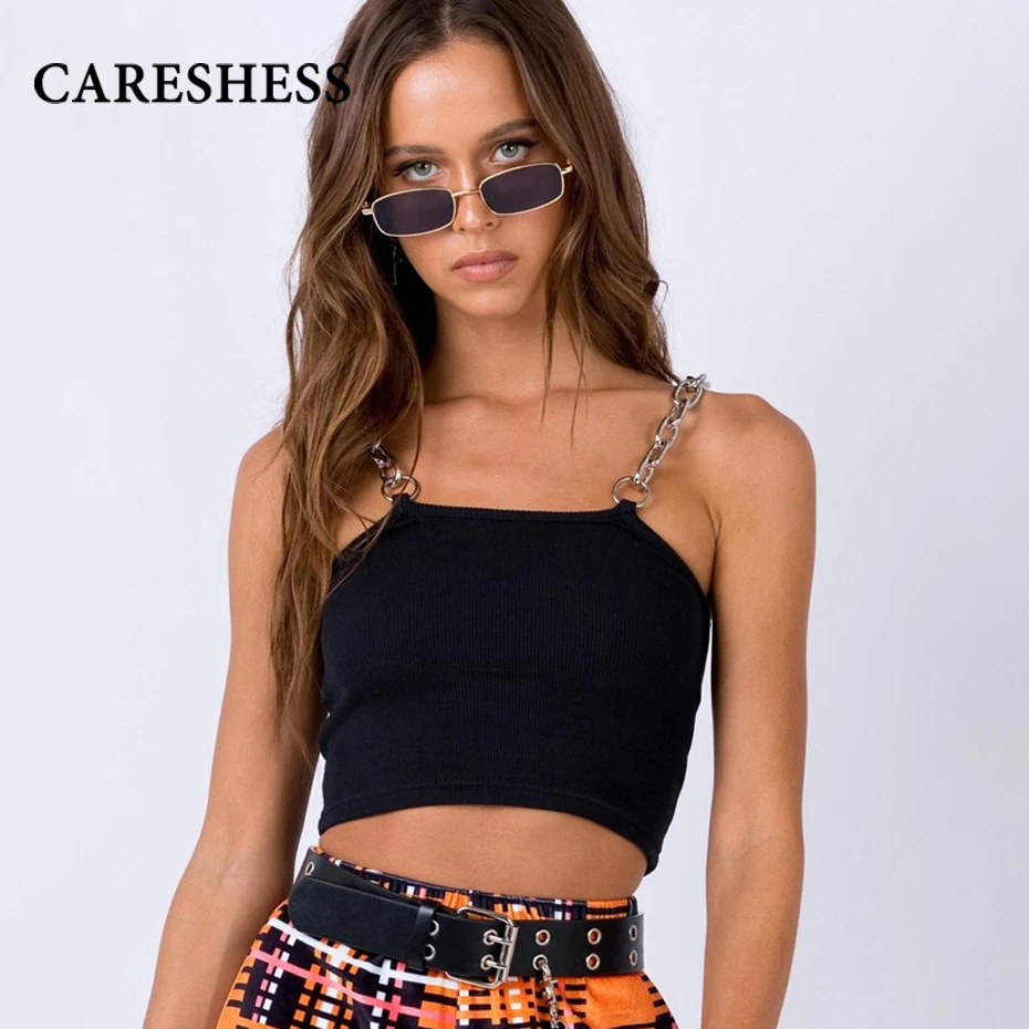 

CARESHESS Iron Chain Top Navel Bare Vest Stylish Sling Short Sleeveless Punk Tank Women Sexy Gothic Style for Workout Party Club