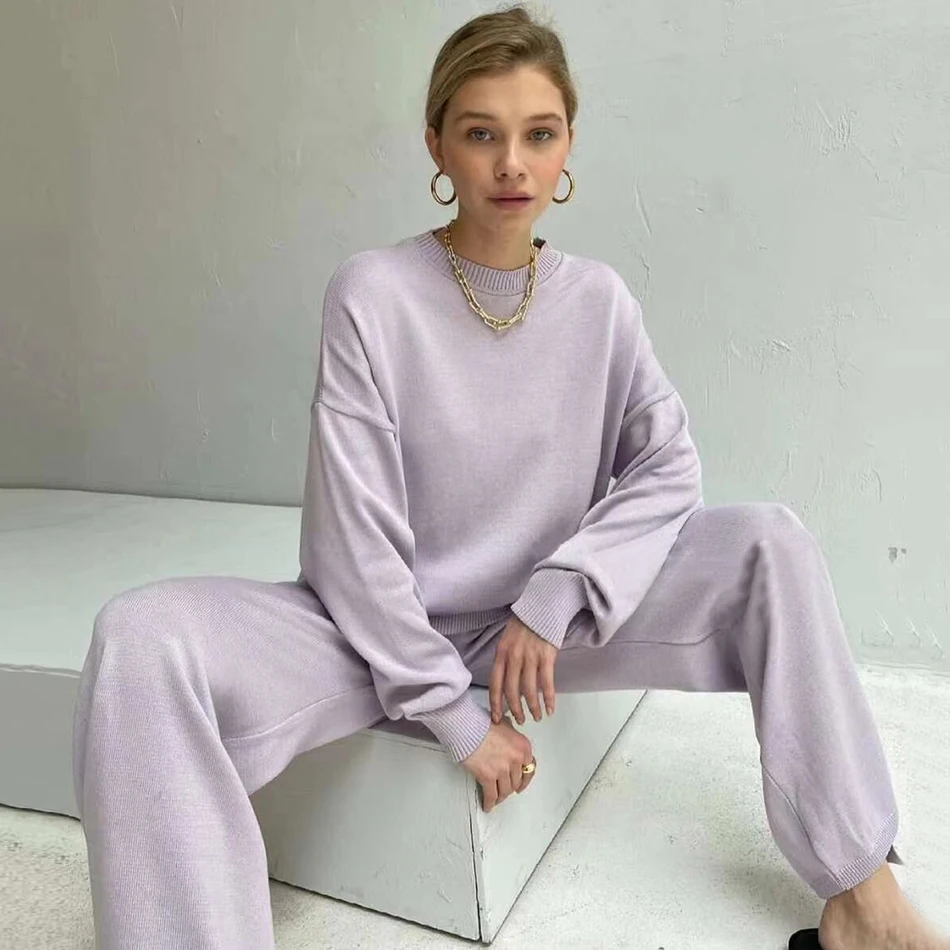 

Free Shipping 2021 Fashion Women's Loose Knit Sweater Set Stand Collar Long Sleeve Pullover & Split Flare Pants Two-piece Sets