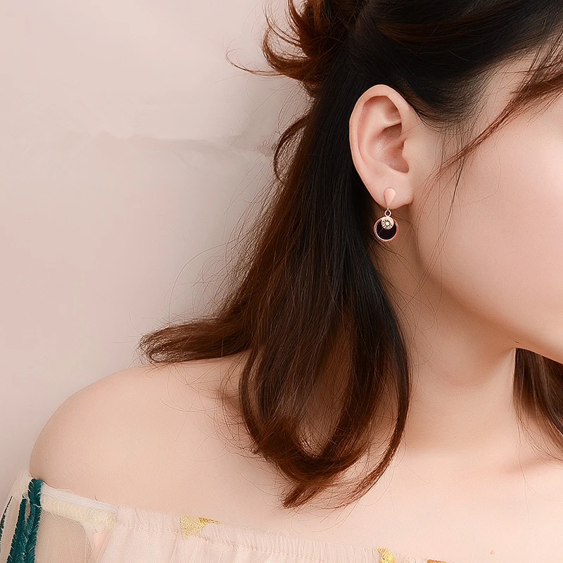 

TOSOKO Stainless Steel Jewelry Roman Numeral Long Earrings Zircon Black Shell Eardrop For Female BSF092