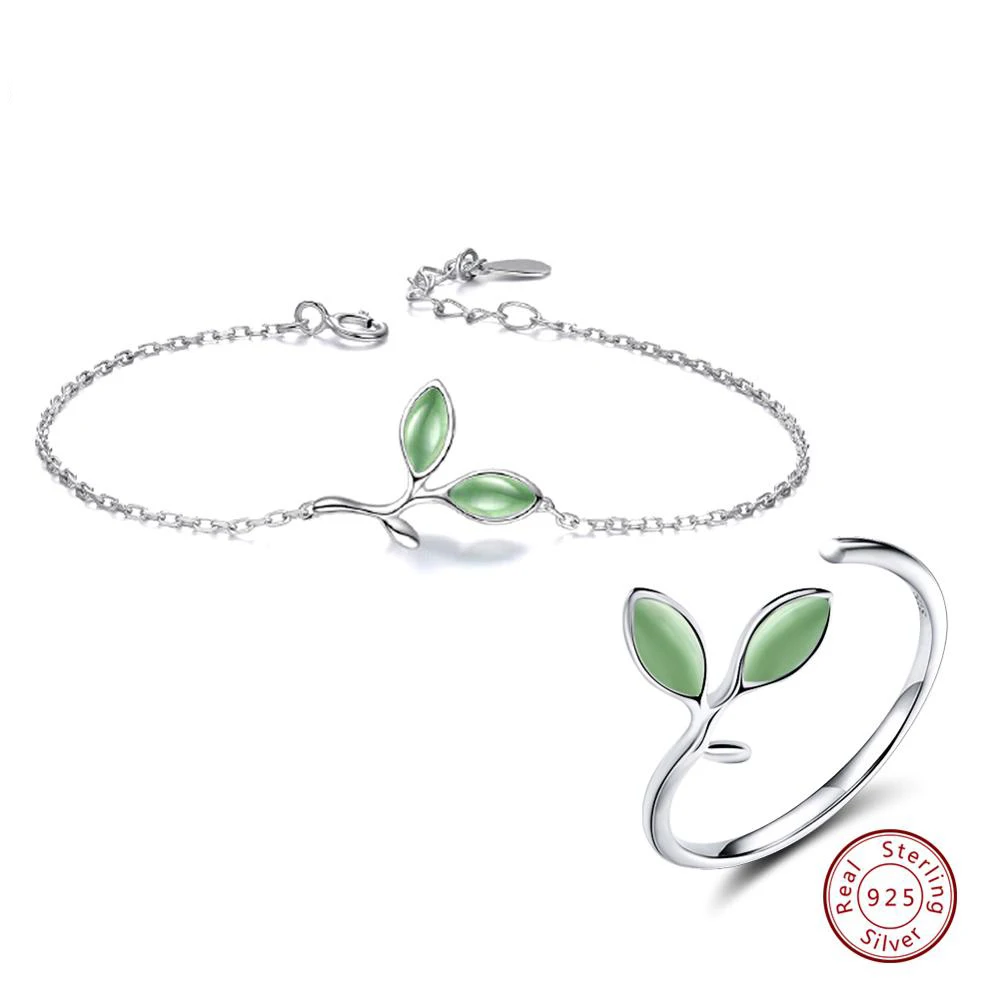 Bracelet Ring Effie queen 925 пробы Серебряные Ювелирные наборы для женщин форма зеленого листа кошачий глаз камень ожерелье/серьги/Кольцо/браслет TSS21 - Цвет камня: Bracelet Ring
