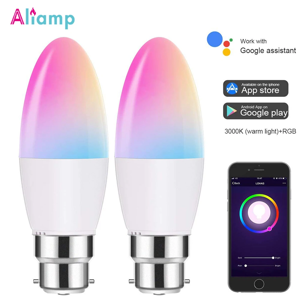 2 шт. Bayonet Smart WiFi светодиодные свечи B22 5 Вт светильник RGB теплый день белый