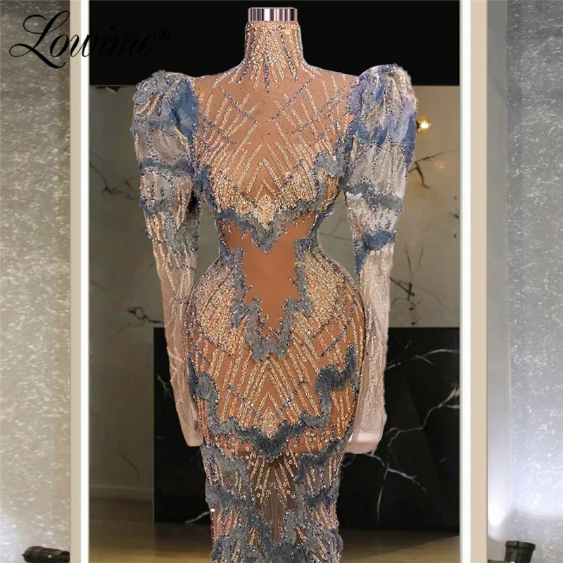 Lowime Illusion Middle East Women Party Dress 2021 Mermaid Long Party Gowns Beading Sequined Customized Plus Size Prom Dress