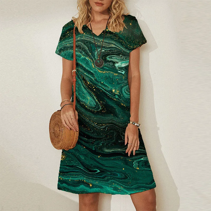 

Summer Women's Retro Hedging Casual Mid-length Dress Short-sleeved Temperament White Dress Tie-dye Abstract Print Midi Dress