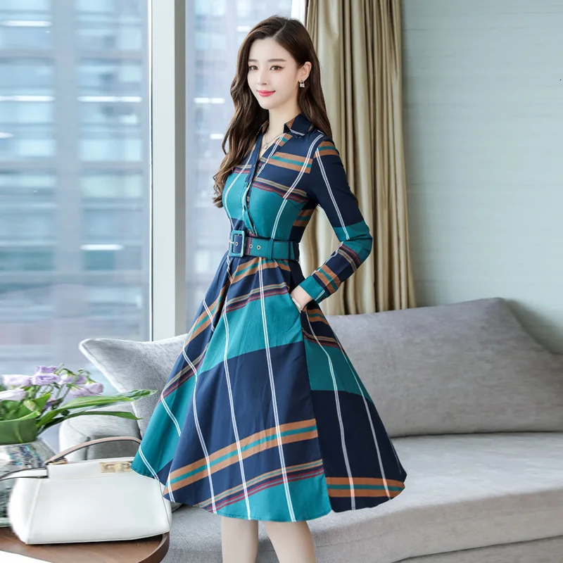 #2601 Сезон весна осень Платье трапециевидной формы в клетку рубашка платье для