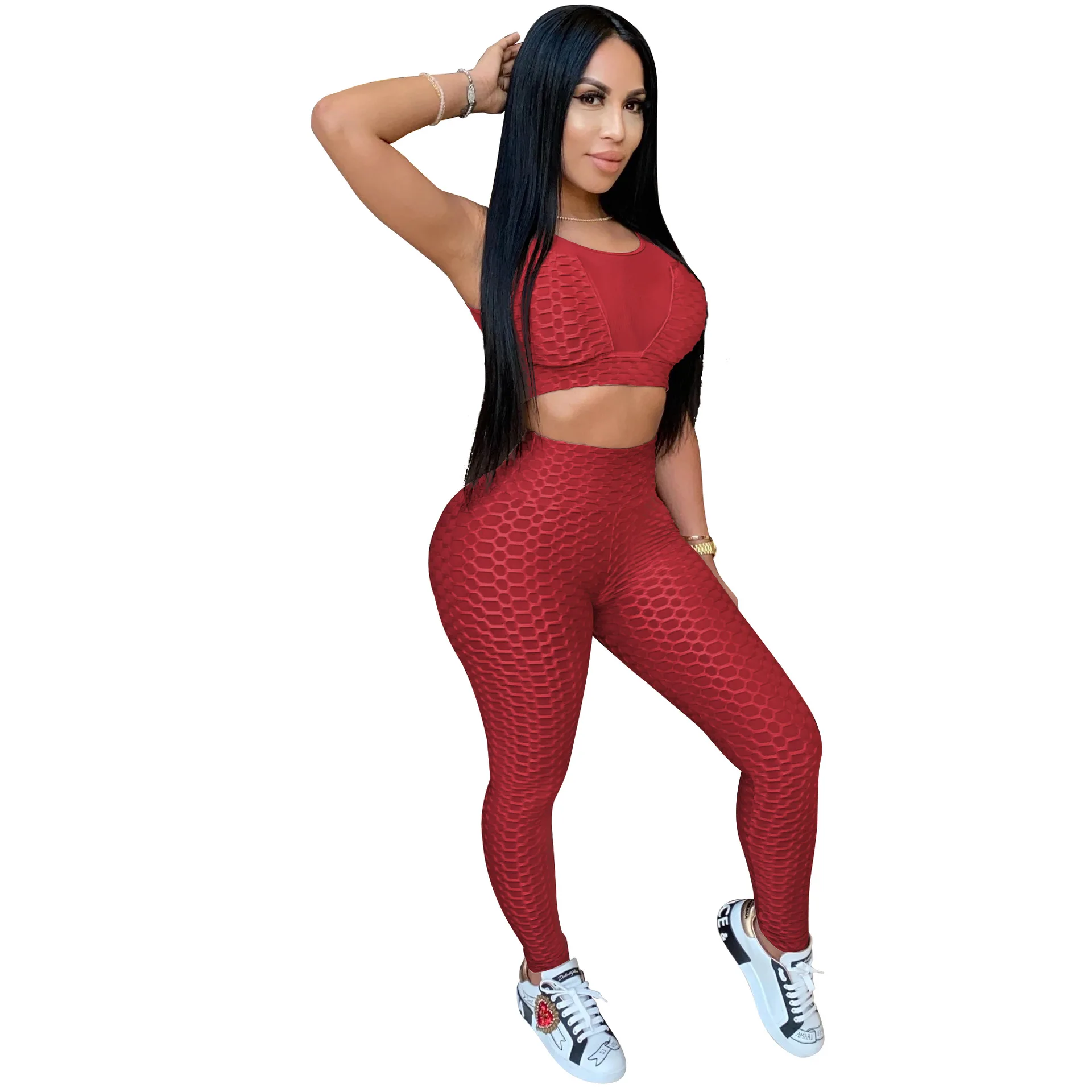 

2021 Spring Fashion Sexy Mesh 2 Piece Sets Workout Clothes Slim Yoga Crop Top Leggings Pants Set Sportwear for Women Gym Clothes