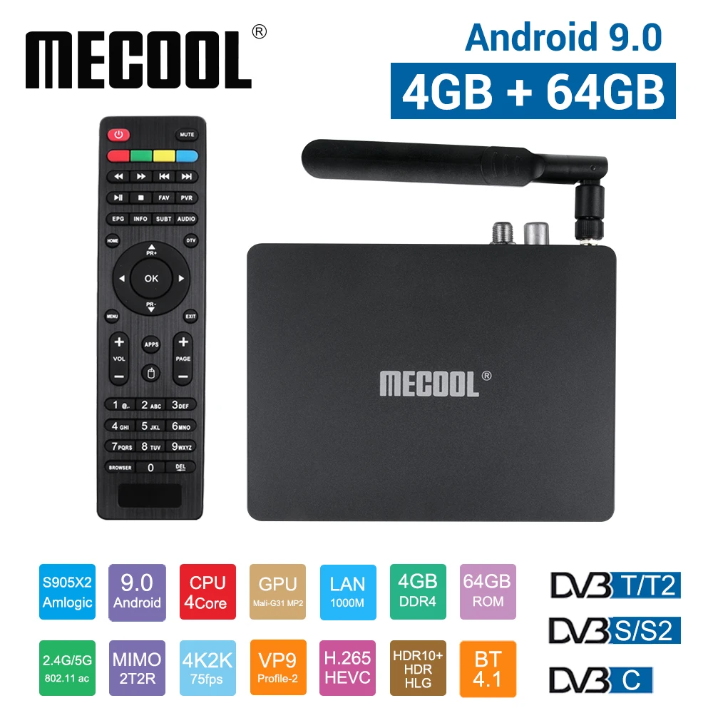 MECOOL K7 DVB-S2 DVB-T2 DVB-C Android 9,0 ТВ коробка, 4 ГБ, 64 ГБ, Amlogic S905X2 2,4G/5G Wi-Fi USB 3,0 Smart ТВ ящик медиа плеер