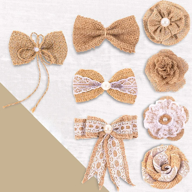 32 шт мешковины цветы и Bowknots набор включая винтажные розы джутовые шпагат