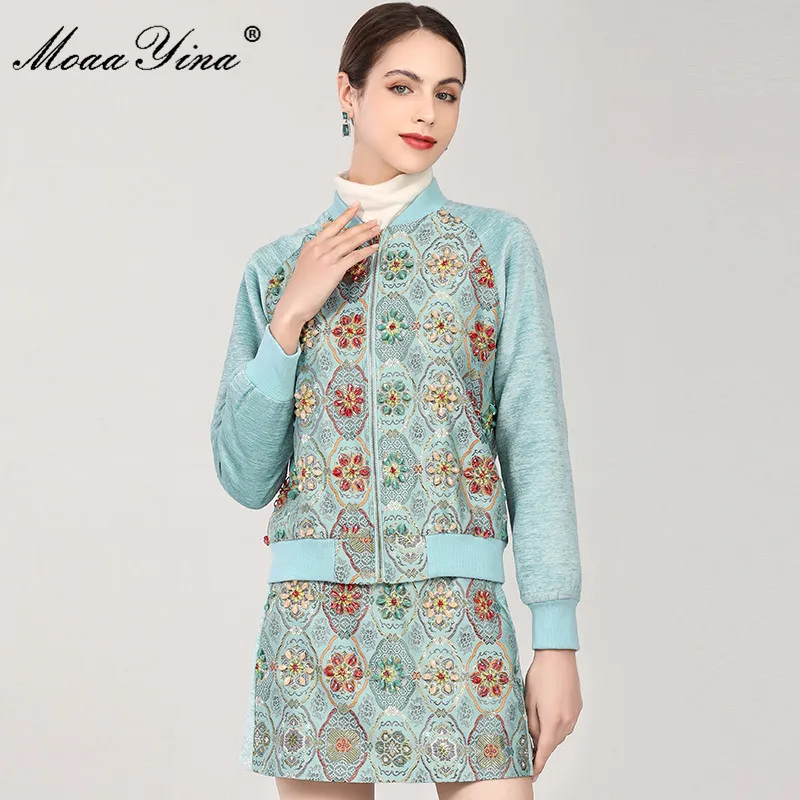 

MoaaYina Fashion Runway Designer Autumn Blue Skirt Suit Women's Beading Floral print Jacket Coat and Skirts Two Piece Set