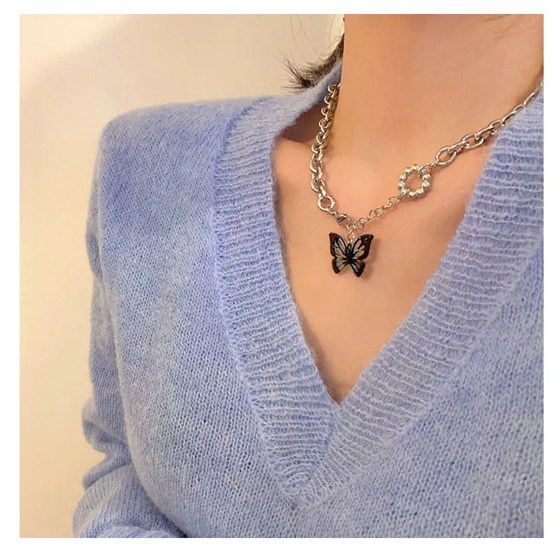 

Blue Purple Butterfly Necklace for Women Trendy Simple Pendant Dangle Clavicle Chain Metal Necklaces Bracelets Jewelry Gifts