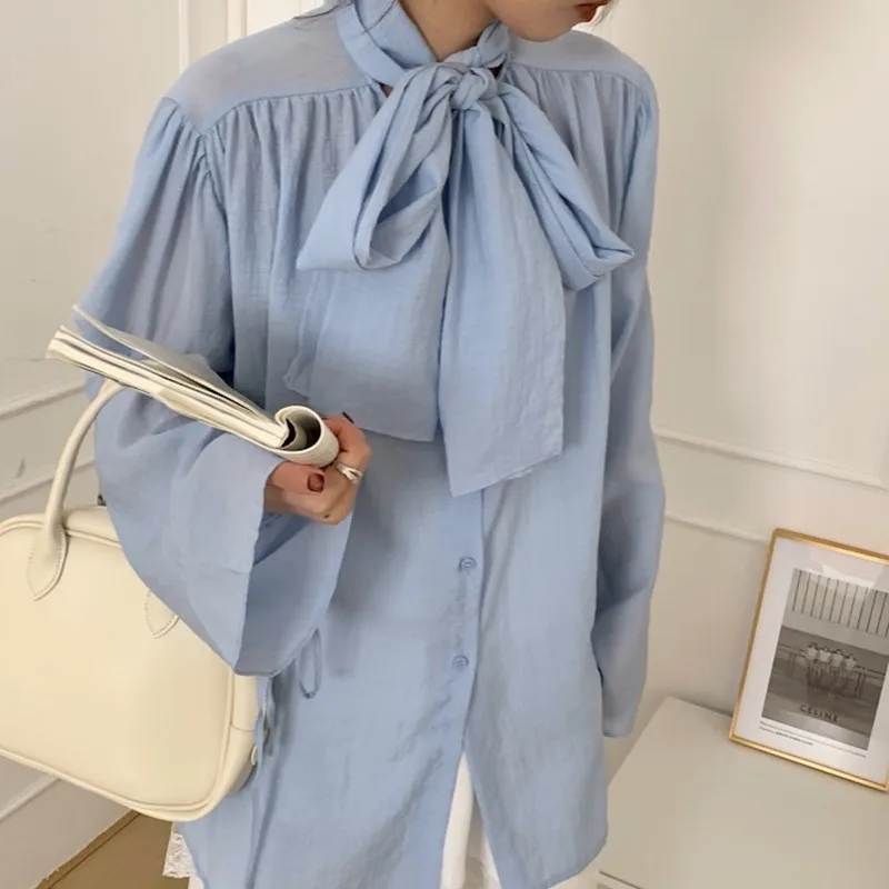 

Lace-Up Bow Office Lady Short Sleeves Streetwear 2021 Loose Summer Women Casual Hot New Vintage Blouses Tops