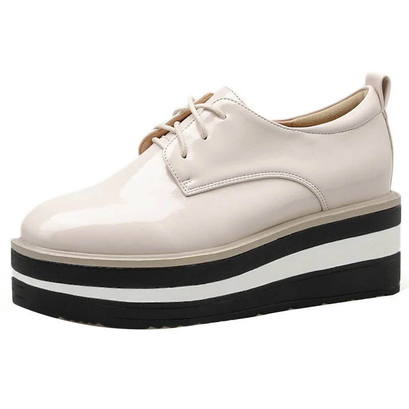 

Women Stripes Platform Flats Lace-up Shoes Japanned Leather Elevated Bullock Shoes Lady Round Toe Creepers Single Brogue Muffin
