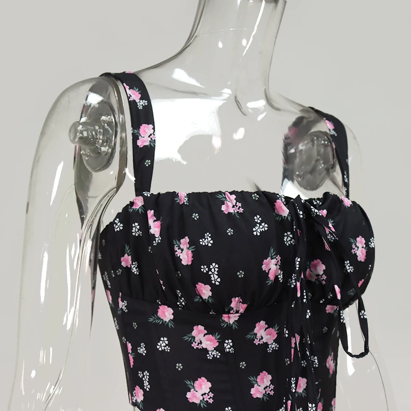 

Black Floral Corset Women Summer Sexy Backless Boned Lace Up Crop Top Party Casual Wear Prairie Chic Print Tops 2020 New