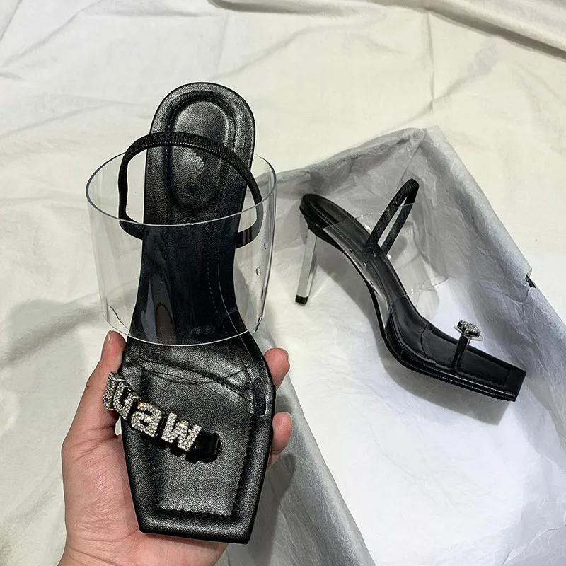 Женские сандалии из ПВХ босоножки с квадратным носком на тонком высоком каблуке