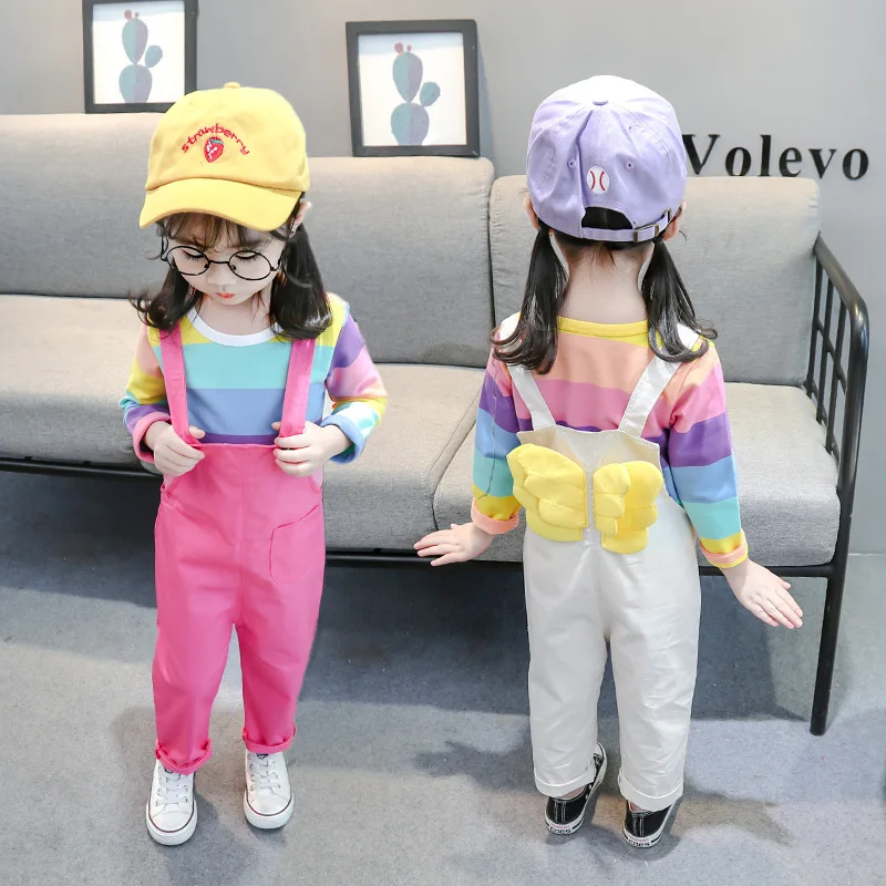 Весенние комплекты для девочек костюм с подтяжками одежда маленьких Радужная