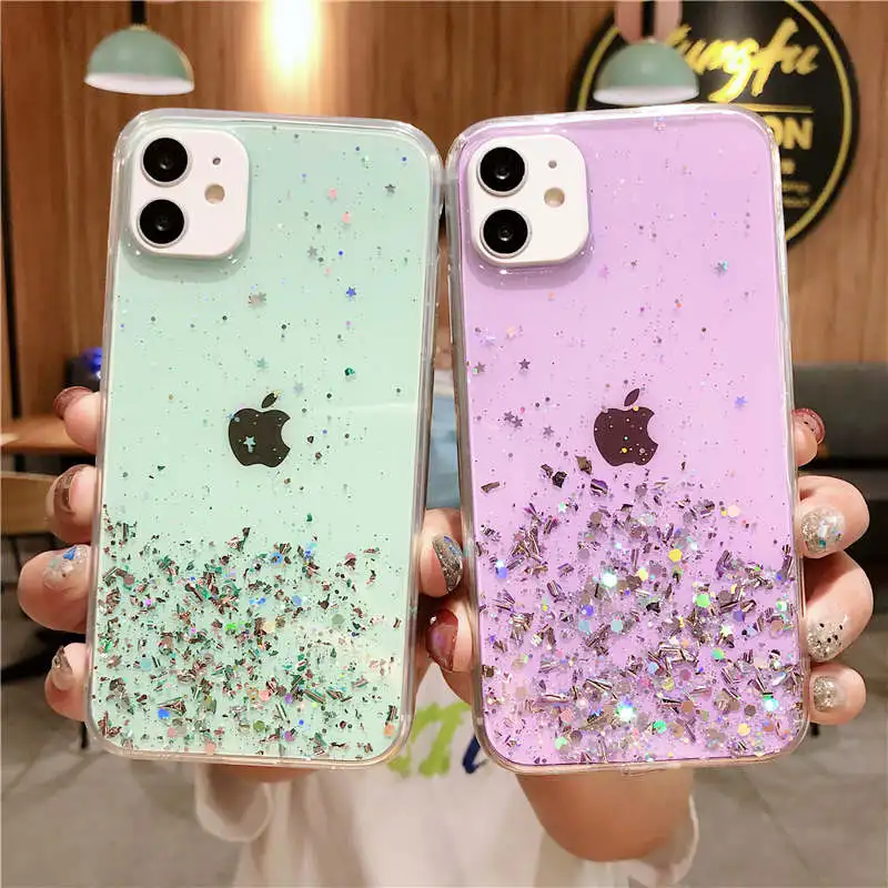 Роскошный Блестящий Мягкий чехол из ТПУ для телефона iPhone 12 mini 11 Pro Max с блестками