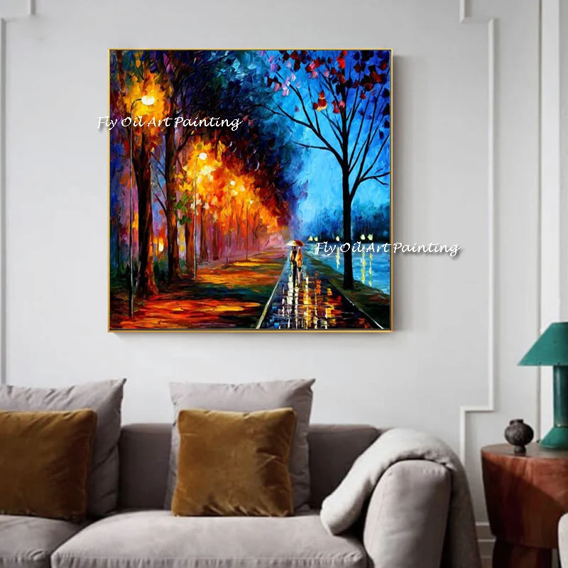 

100% Hand Painted Wall Art Autumn Tree Road Oil Paintings On Canvas Beautiful Landscape Picture For Living Room Decoration