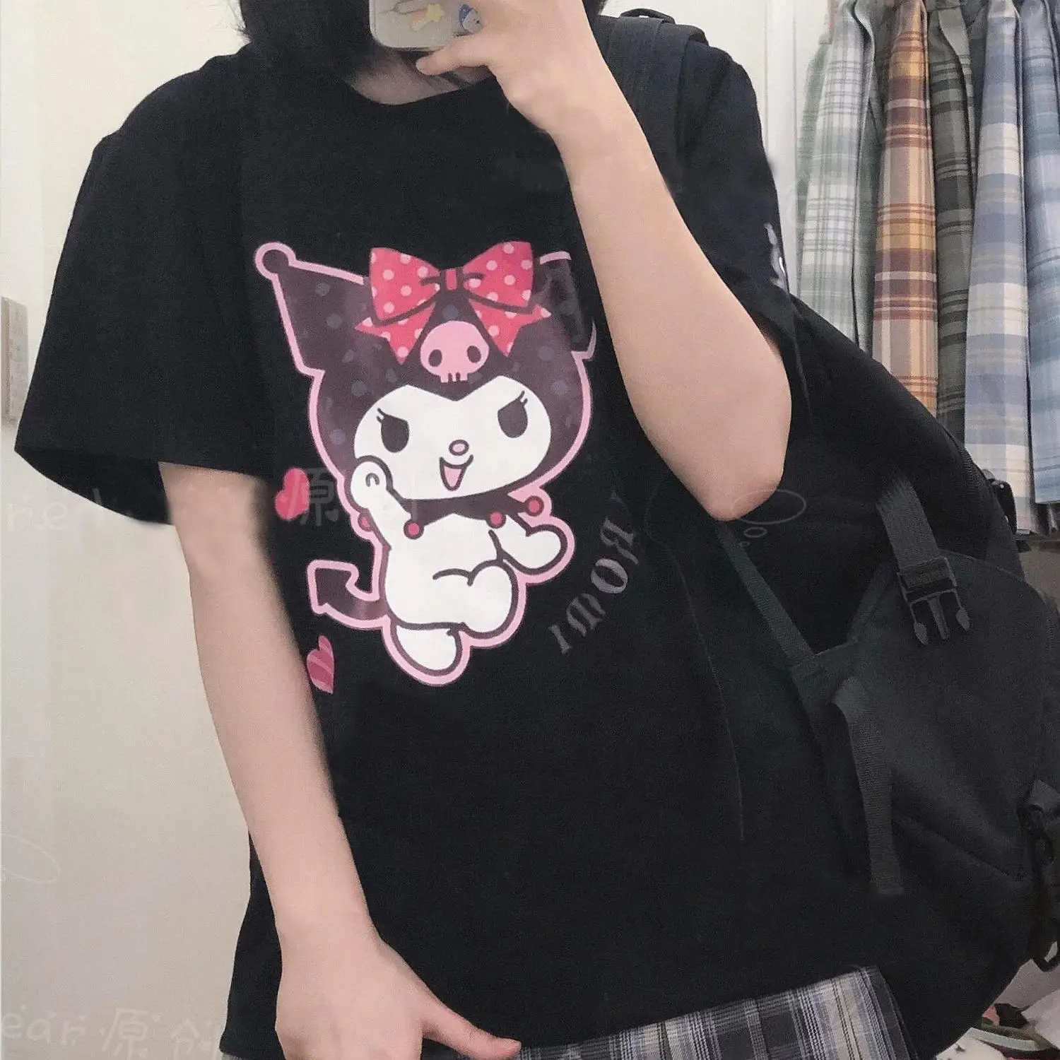 

Japanese Cute Girl Short Sleeve Female Kuromies T-shirt Cartoon Print Summer Y2k Goth T-shirt Female Punk Clothes Black Tops