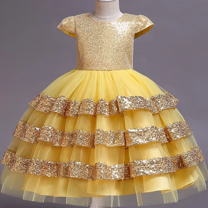 D1217-Yellow Pegeant/Детские платья с блестками и открытой спиной для девочек; платья принцессы для свадебной вечеринки; многослойные платья-пачки для первого причастия для маленьких девочек - Цвет: D1217-Yellow