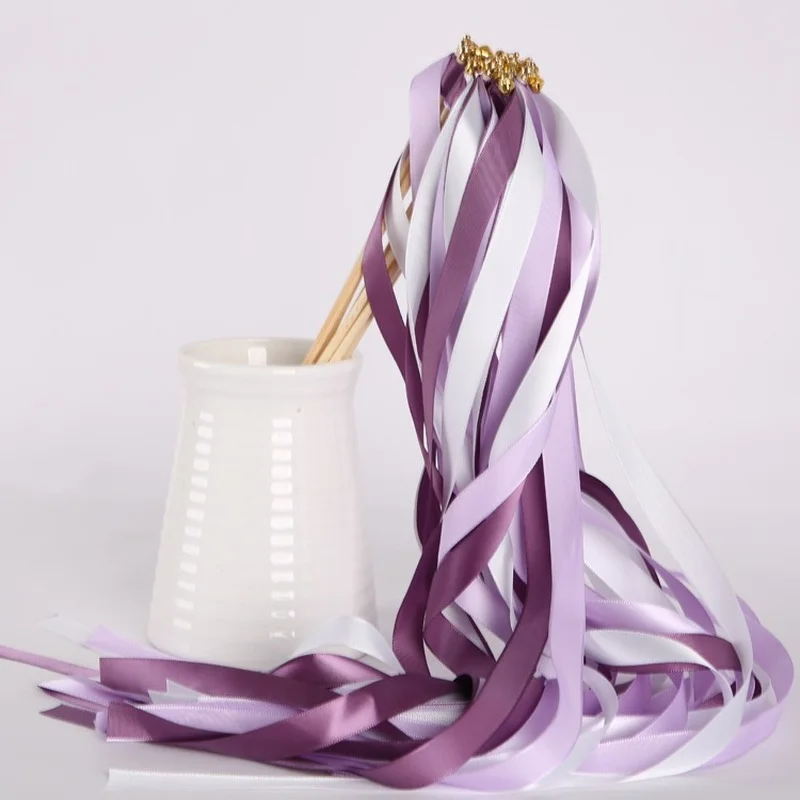 

10Pcs/lot Color Ribbon Stick Wedding Supplies Wands Twirling Streamers Pull Flower Outdoor Wedding Party Decor Ribbon Stick