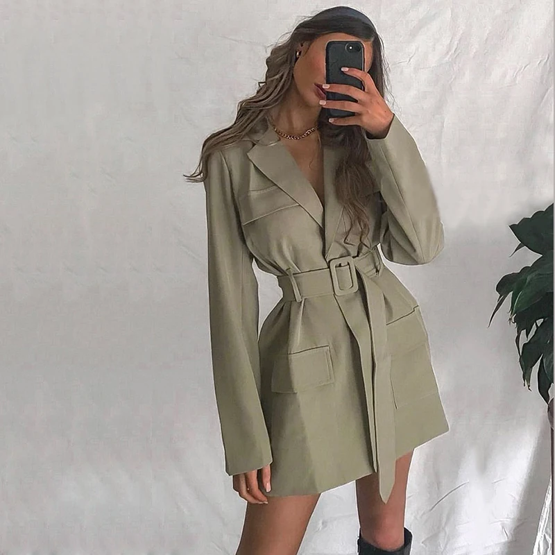 

Sexy V-Neck Fashion Women Blazer 2021 Spring Autumn European Style Temperament Outerwear Solid Color Female Suit Coat With Belt