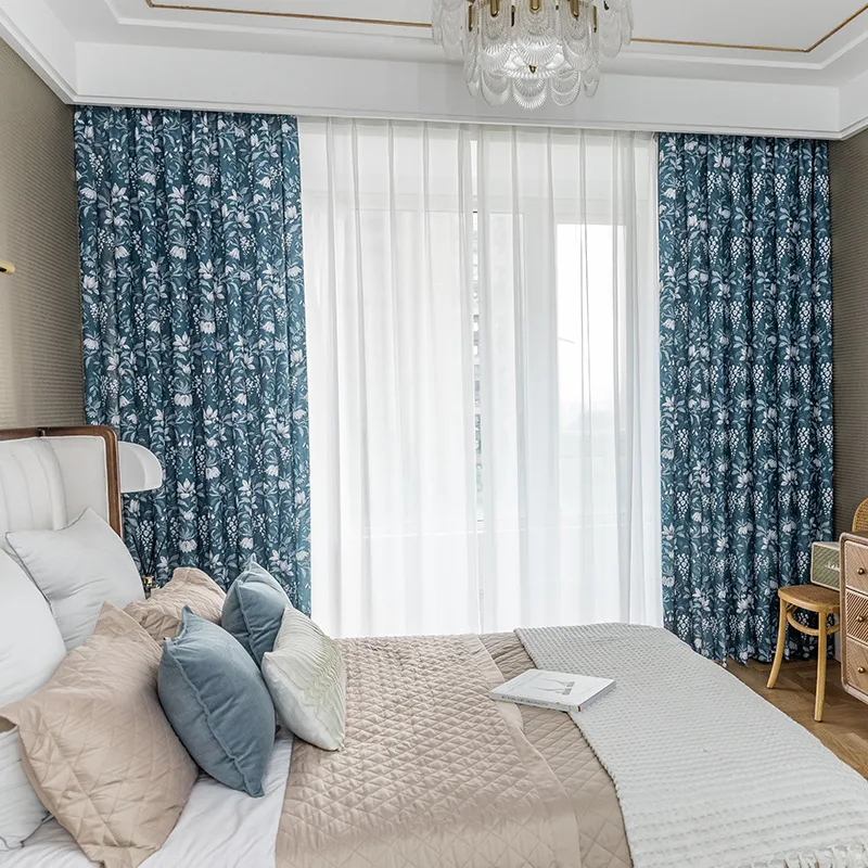 

Navy Blue American Country Semi-blackout Curtains Fashionable and Simple Living Room Bedroom Dining Room Curtains
