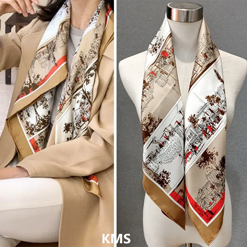 

KMS Scarf Shawl Hijab Women Luxury Scarves Silk Twill 18mm Paris Boulevard Medieval Brown Coffee Brown Double-sided Same Color