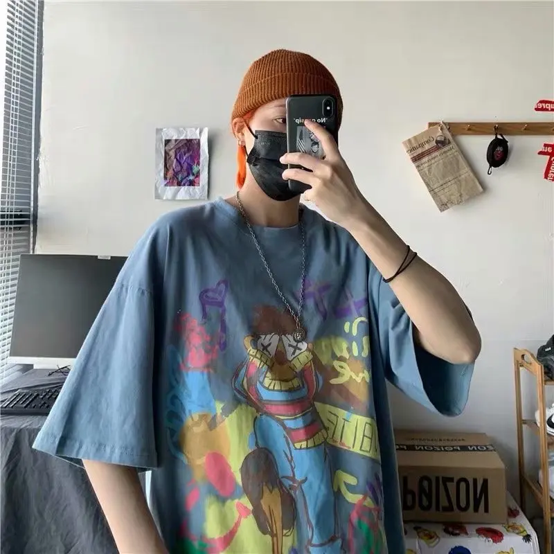 

2020 summer men's tide brand graffiti printed short-sleeved T-shirt Korean style lazy hip-hop loose half-sleeved bottoming shirt