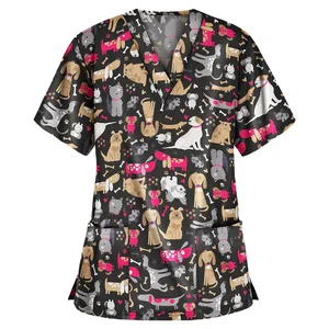Dogs and Cats Print Scrub Tops Women Vet Nurse Uniform Cotton Short Sleeve Blouse Pet Groming Veterinaria Working Clothes A50