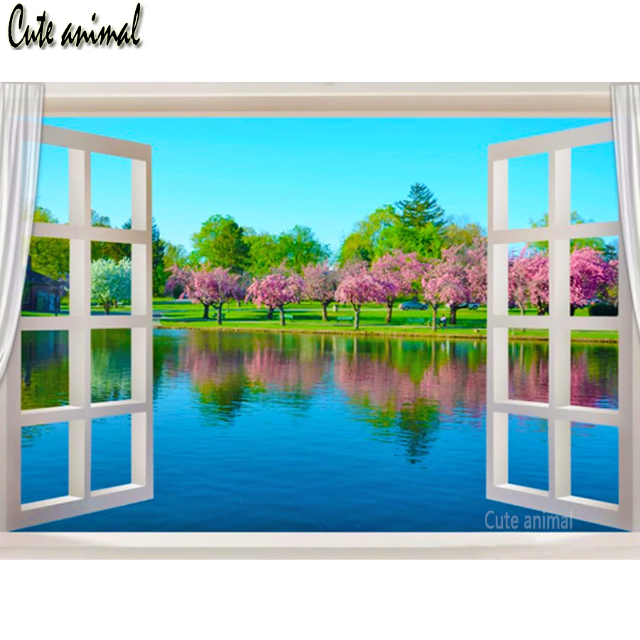 

Полностью квадратная круглая дрель Алмазная картина озеро вишня дерево окно 5D DIY Алмазная вышивка головоломка Алмазная мозаика для украшения подарок