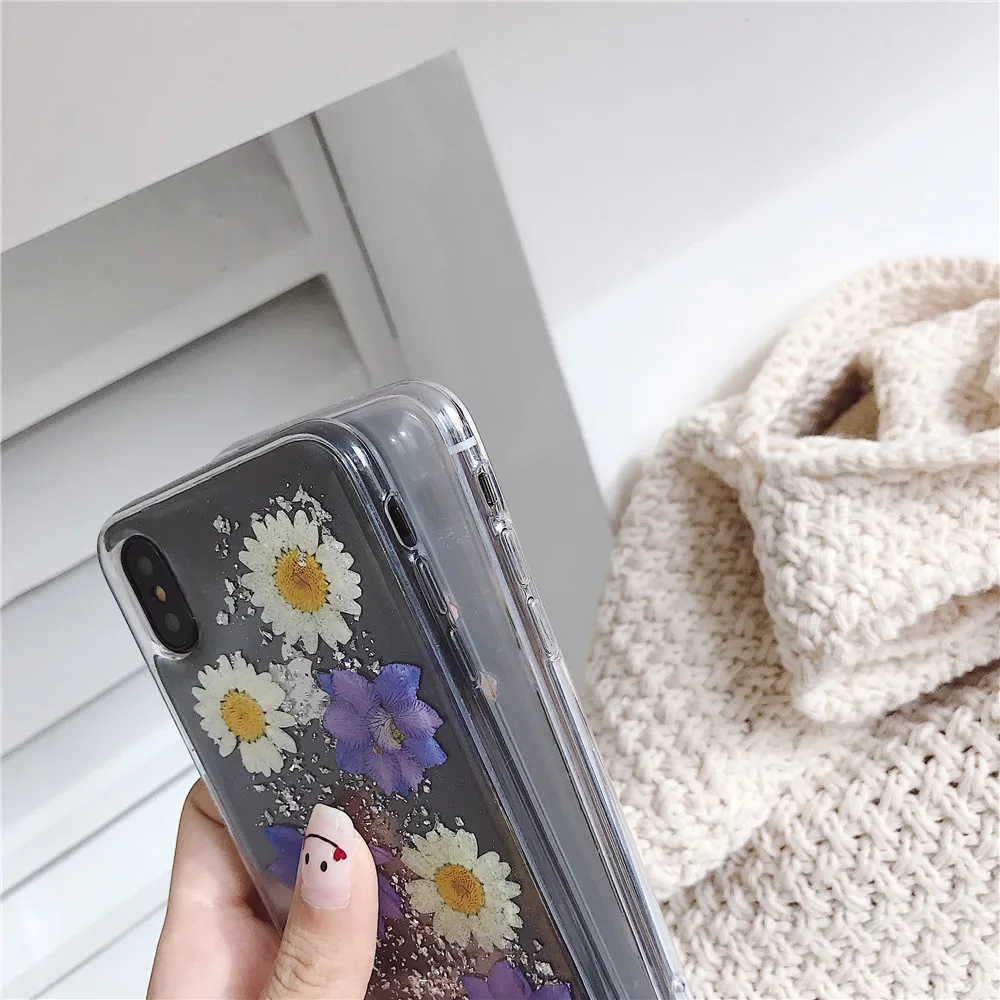 Daisy Sequins Real Dried Flower Soft TPU Phone Case For iPhone 11 Pro Xs MAX XR X 6 6s 7 8 Plus SE 2 Girl Gift Clear Back Cover |