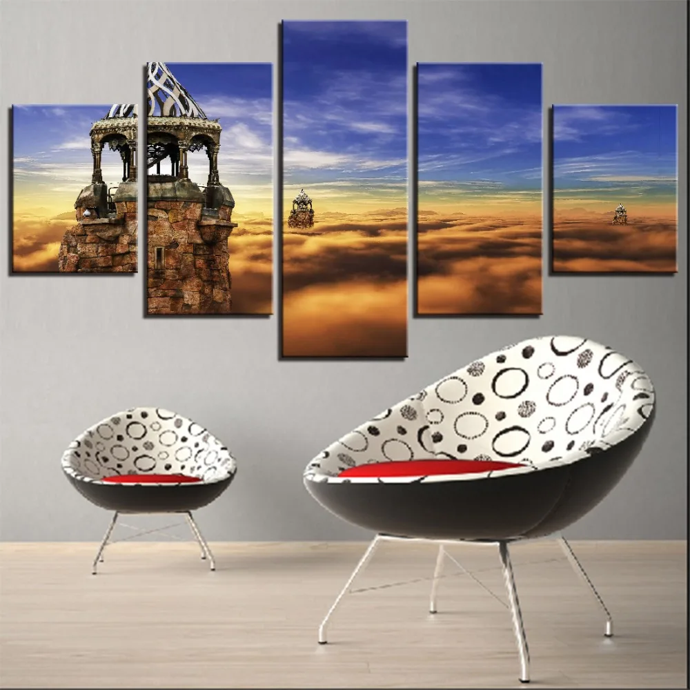 

5 Pieces Bell Tower Building Canvas Painting Sky Posters Landscape For Home Improvement Decor Modern Furniture Artwork