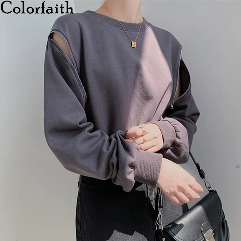 

Colorfaith New 2020 Women Autumn Winter T-shirt Solid Bottoming Basic Fashionable Zipper Off Shoulders Lady Short Tops T20083