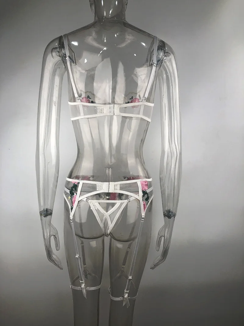 

Floral Embrodiery Lace Lingerie 3 Pcs Set Exotic Apparel Sexy Underwear Women Underwire Bra and Erotic Panties with Garter Belt