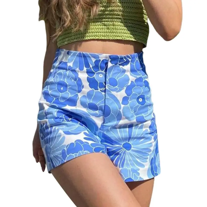 

Women Wide-leg Shorts Blue Floral Printed Pattern High Waist Leisure Trousers S/ M/ L