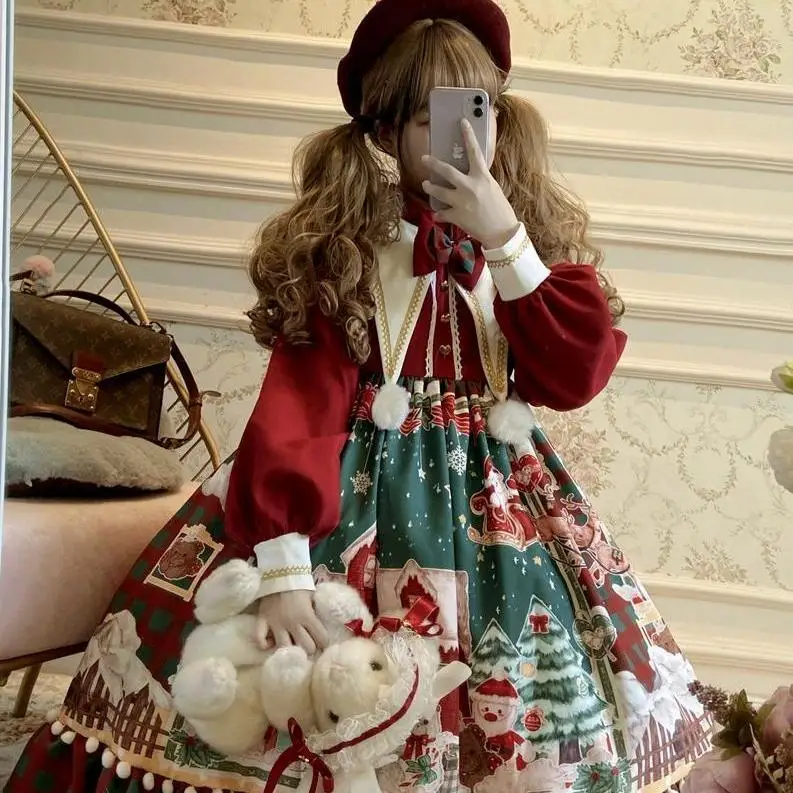 

Autumn Winter Women Sweet Lolita Op Dress New Year Christmas Cartoon Print Dress Girls Kawaii Bow Party Red Princess Dresses