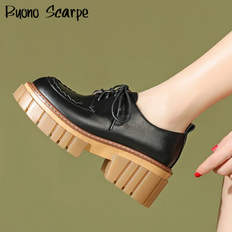 

Genuine Leather Platform Flat Shoes For Women Lace-up Thick Bottom Chunky Shoes New Sping Single Ladies Casual Chaussures Femme