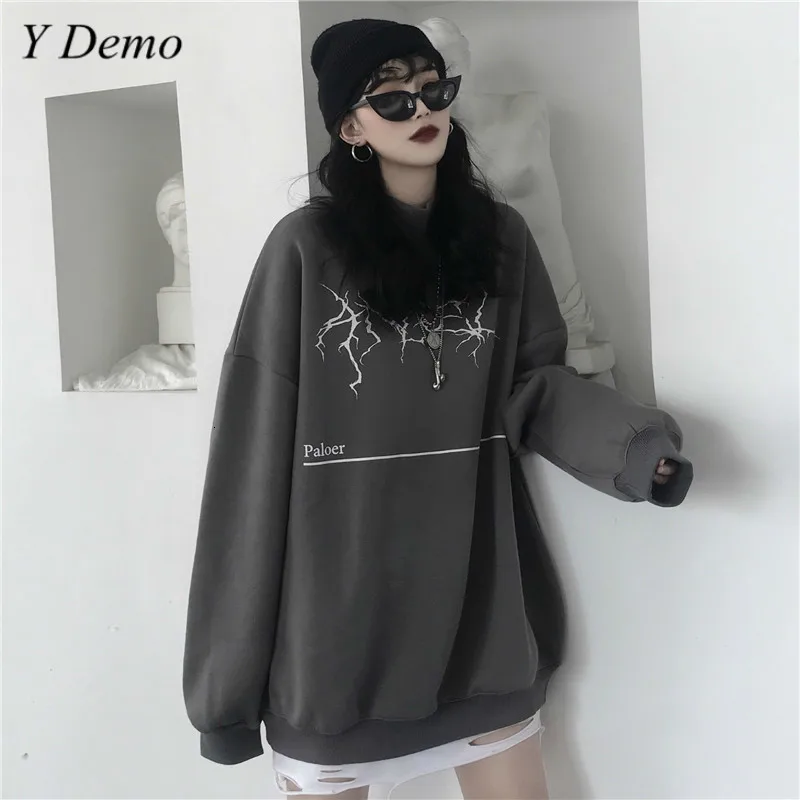 Harajuku уличная свободная толстовка с длинными рукавами и принтом молнии|Женские