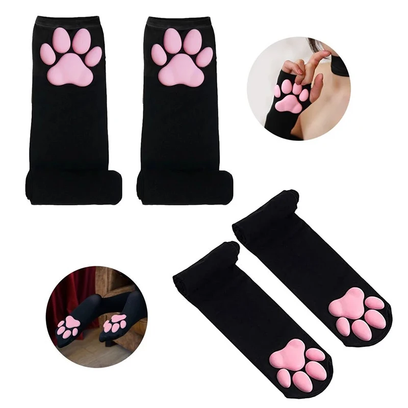 

Cute Cat Paw Mittens Gloves Stockings Cosplay Kawaii Soft Thigh High Socks 3D Toes Beans Fingerless Cat Claw Paws Pad Sleeve