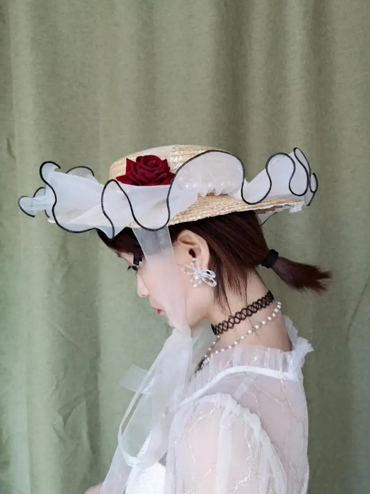 

Japanese Lolita Hat Vintage Floppy Organza Straw Sun Hat Women Pearl Rose sun Hat Elegant Ladies Royal Cocktail Eveing Party Hat