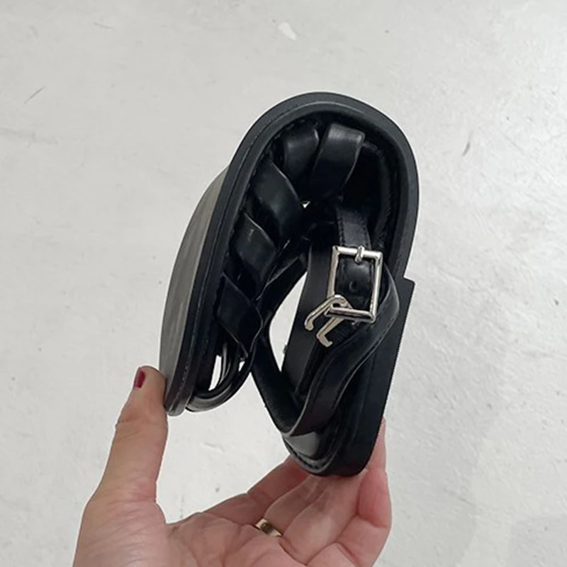 

Women Flat Sandals 2021 Summer Soft Leather Cross Weaving Closed Toe Rome Sandalias Vintage Fashion Brown Female Casual Shoes