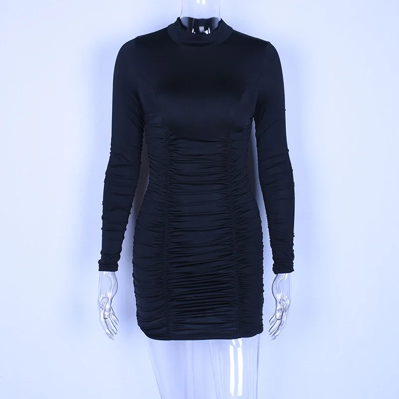 

Women Bodycon Pleated Dress Long Sleeve Slim Turtneck Autumn Lady Fashion Party Elegant Club Party Sexy Mini Package Hip Dresses