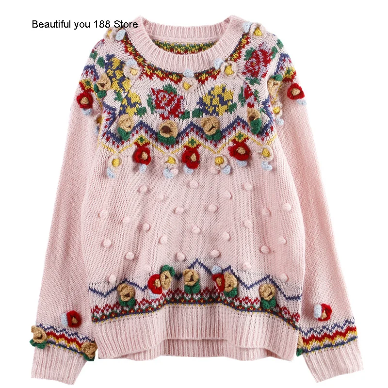 

Свитер женский шерстяной, ручной работы, с объемными цветами, на осень и зиму