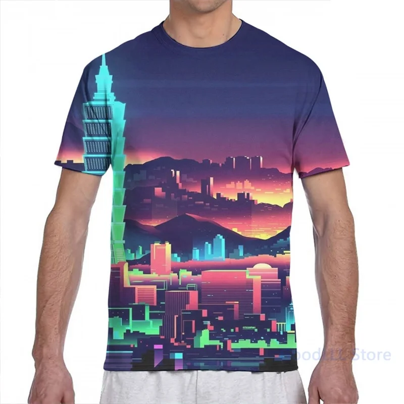 Городская эстетика неоновая футболка Vaporwave Мужская женская с принтом по всей