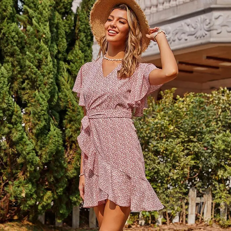 

V-Neck Casual Summer A-Line Dress Women Short Sleeve Irregular Lace Pink Bodycon Dresses 2021 Elegant Beach Club Midi Women Lady
