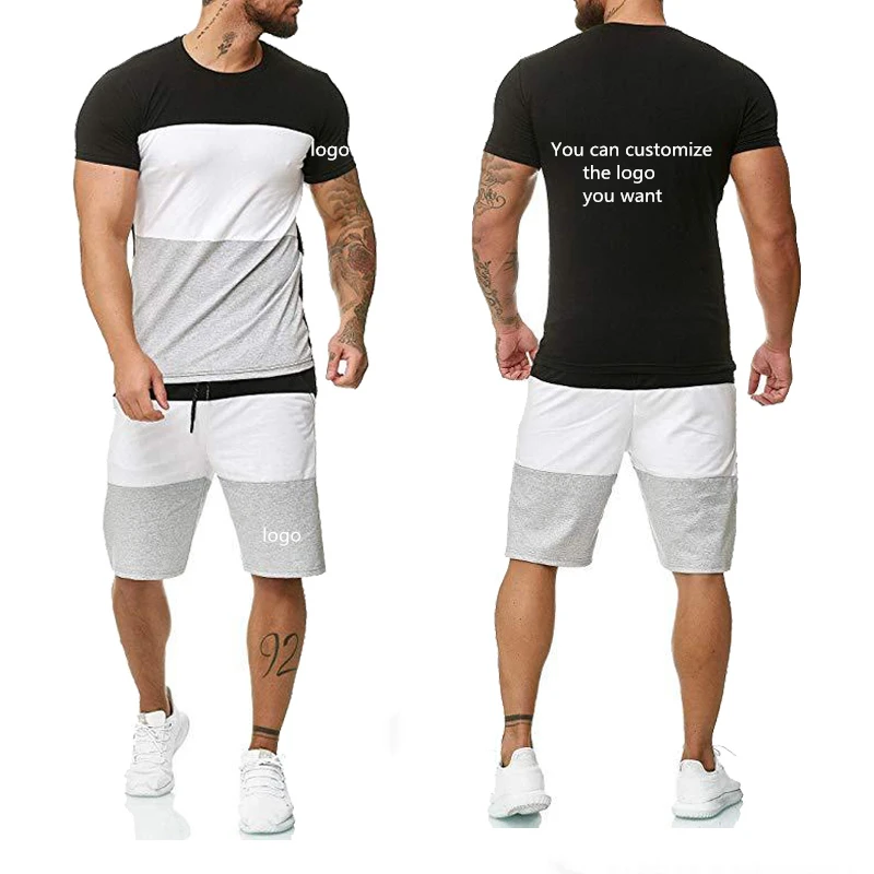

2021New Summer Men's short sleeve Custom logo Car Logo printing splice High Quality Cotton Men's T-Shirt Pants Suit 2Pc