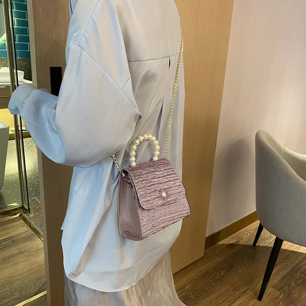 

Fashion Pleated Women Messenger Handbags Pearl Handle Totes Female Lady PU Leather Casual Chain Small Shoulder Crossbody Bags