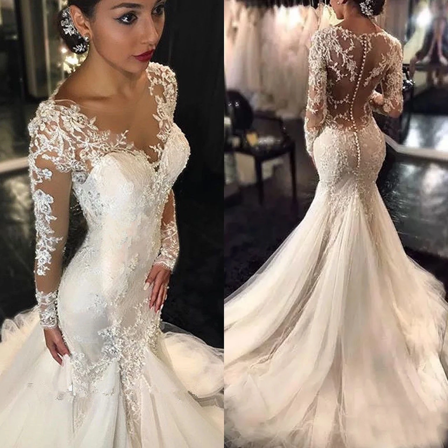 

Mermaid Wedding Dresses Long Sleeve Lace Applique Beaded Illusion Scoop Dubai Arabic Sheer Bridal Gowns Trumpet