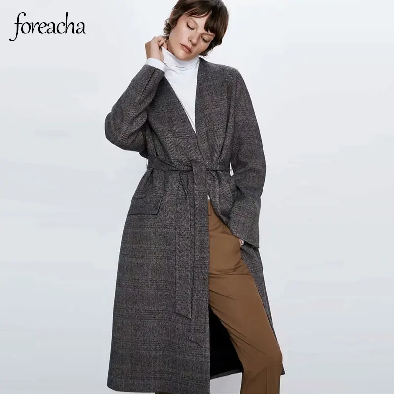 

Женское серое кружевное пальто foreacha, модная ветровка в клетку с отложным воротником и длинным рукавом для девушек